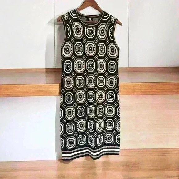 W By Worth 100% Wool Geometric Print Sweater Dress Camel Ivory Black Brown Sz S - Picture 2 of 12